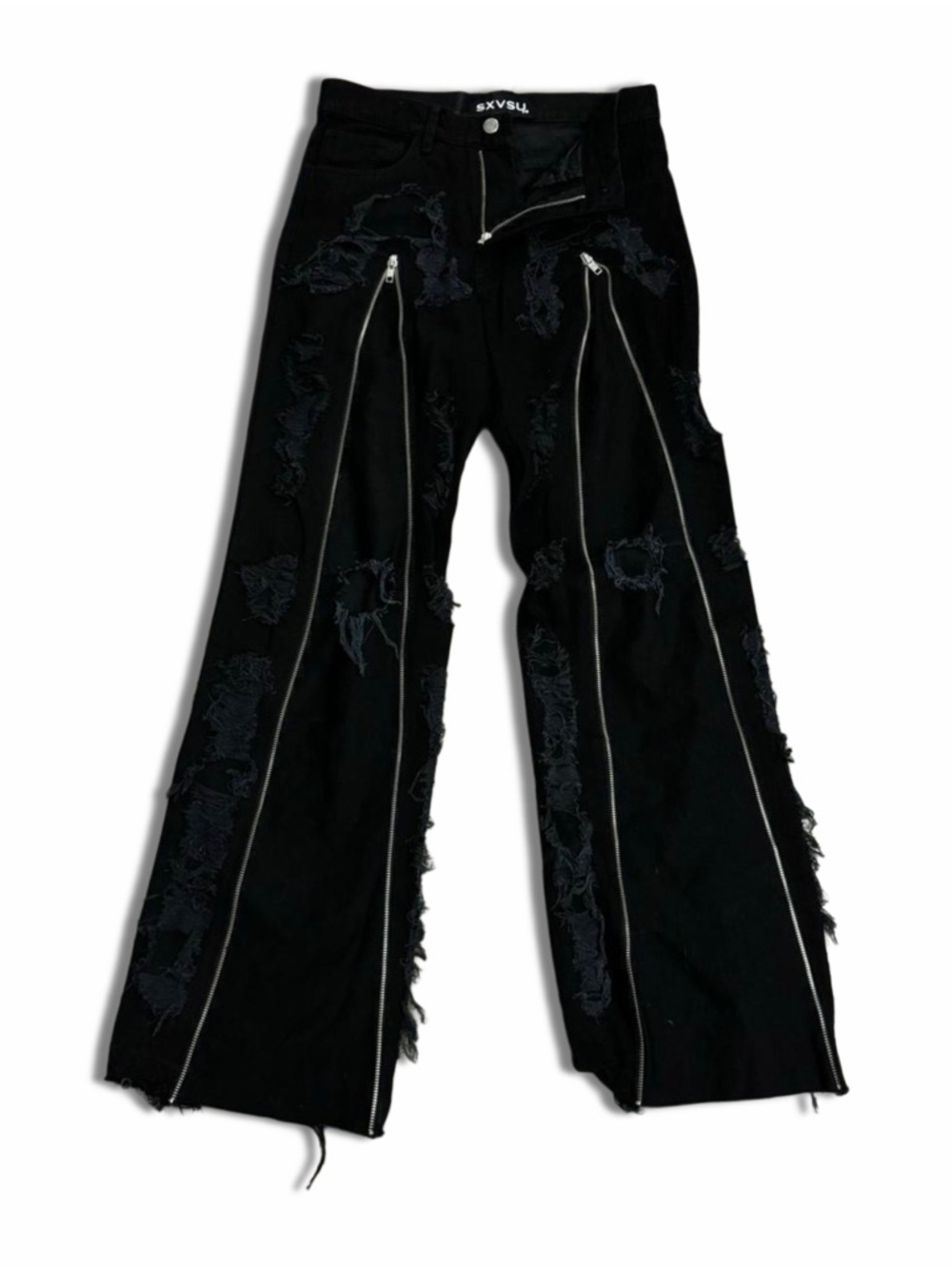 SVXSU Black Distressed Zip Denim